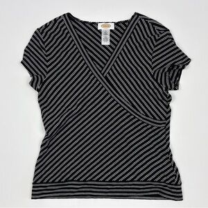 Talbots Black and White Striped Wrap-Style Short Sleeve Top